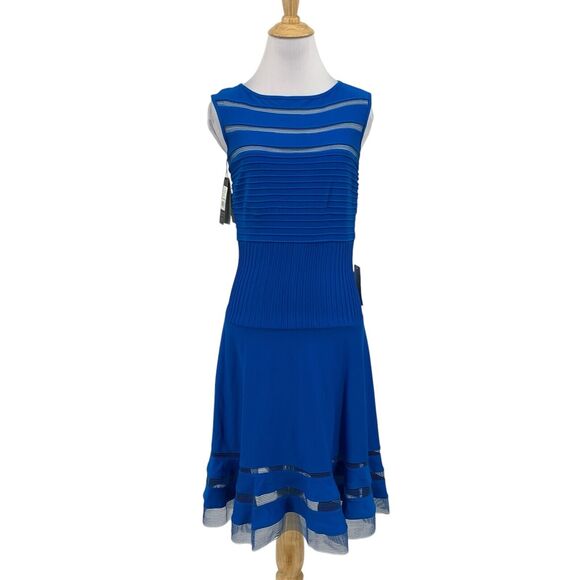 Tadashi Shoji Dress Womens XS Extra Small Blaze Blue Mesh Pintuck Fit Flare Midi - Picture 1 of 16